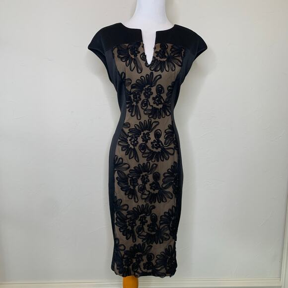 Connected Apparel Black Sheath Dress Nude Lace 3D inset Sz 8 - Picture 1 of 9